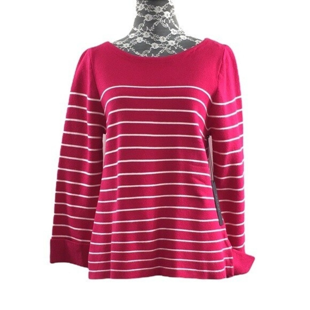Tahari Pink White Stripe Knit Top Womens Large Long Sleeve‎ Tee Sweater